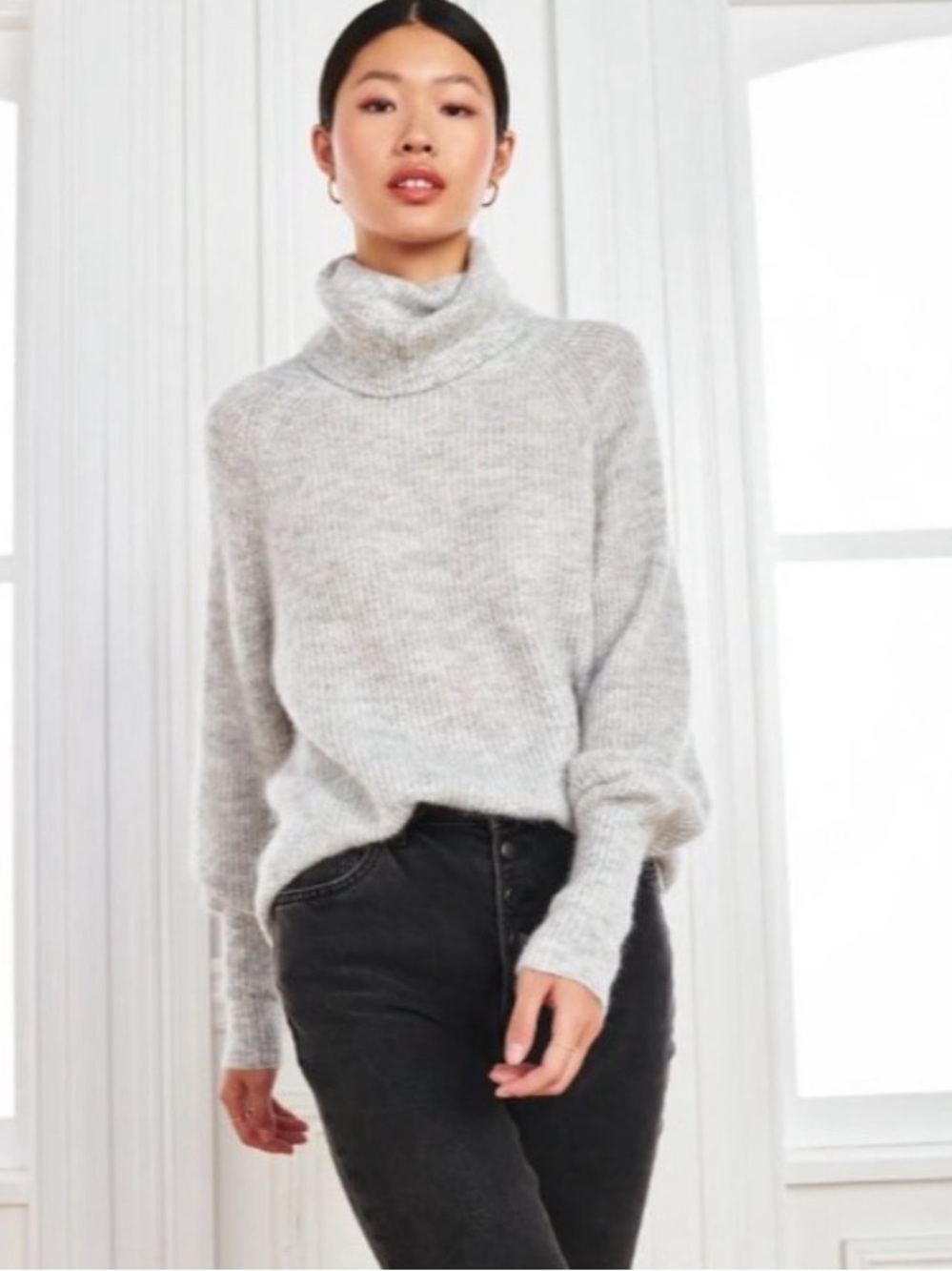 Quince Baby Alpaca-Wool Turtleneck Sweater Light Grey Puff Sleeve Size S